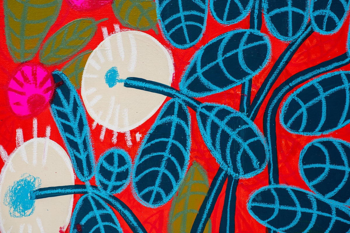 Detail of Cloverfield by Sydney Noland: a white clover flower and dark blue leaves outlined in light blue oil pastel on red