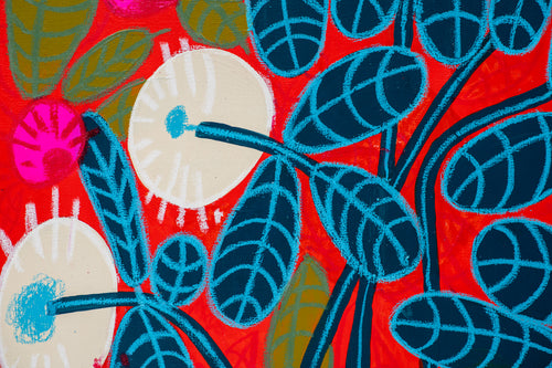 Detail of Cloverfield by Sydney Noland: a white clover flower and dark blue leaves outlined in light blue oil pastel on red