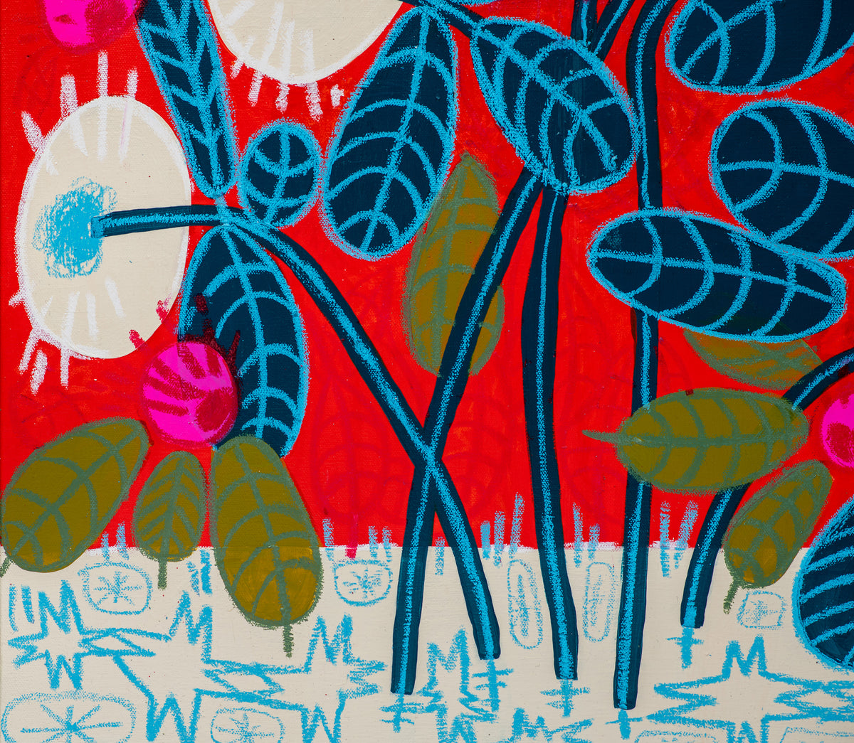 Detail of Cloverfield by Sydney Noland: blue stems and olive green leaves rising from a pale blue patterned ground on red