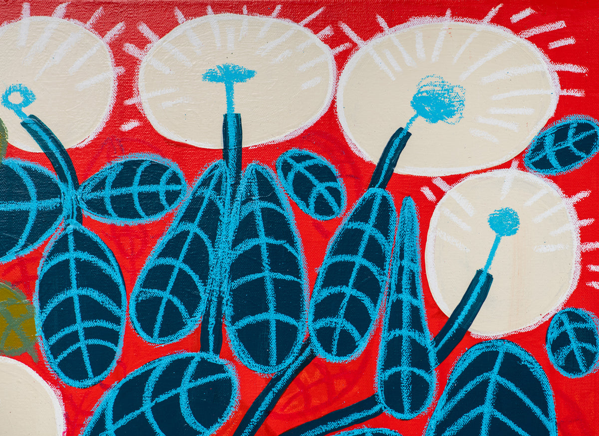 Detail of Cloverfield by Sydney Noland: three white clover blossoms with blue centers above dark blue leaves on red
