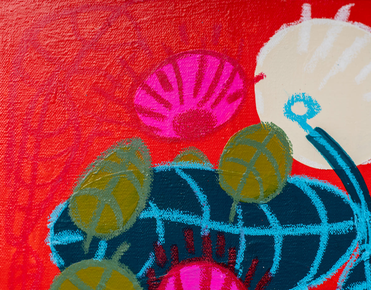 Detail of Cloverfield by Sydney Noland: a hot pink bloom, olive leaves, and a white clover flower in oil pastel on red canvas