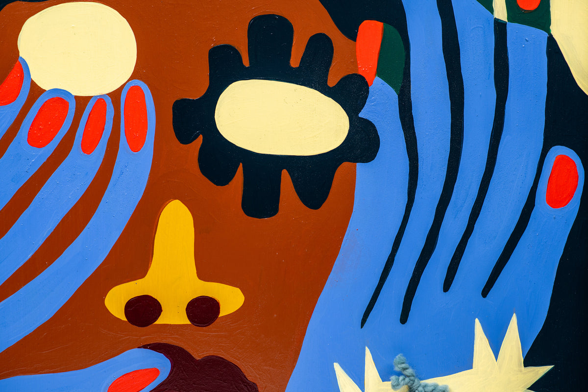 Detail of Crazy Girl by Sydney Noland: a blue hand with red nails beside a yellow nose and a flower-shaped eye on brown