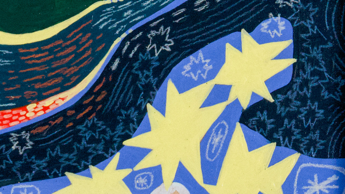 Detail of Eclipse by Sydney Noland: yellow stars on blue, with fine patterned lines in colored pencil