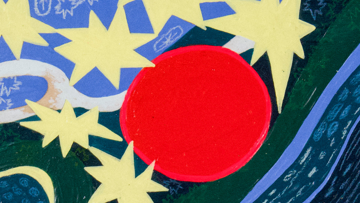 Detail of Eclipse by Sydney Noland: a bright red moon among yellow stars on a dark green and blue sky