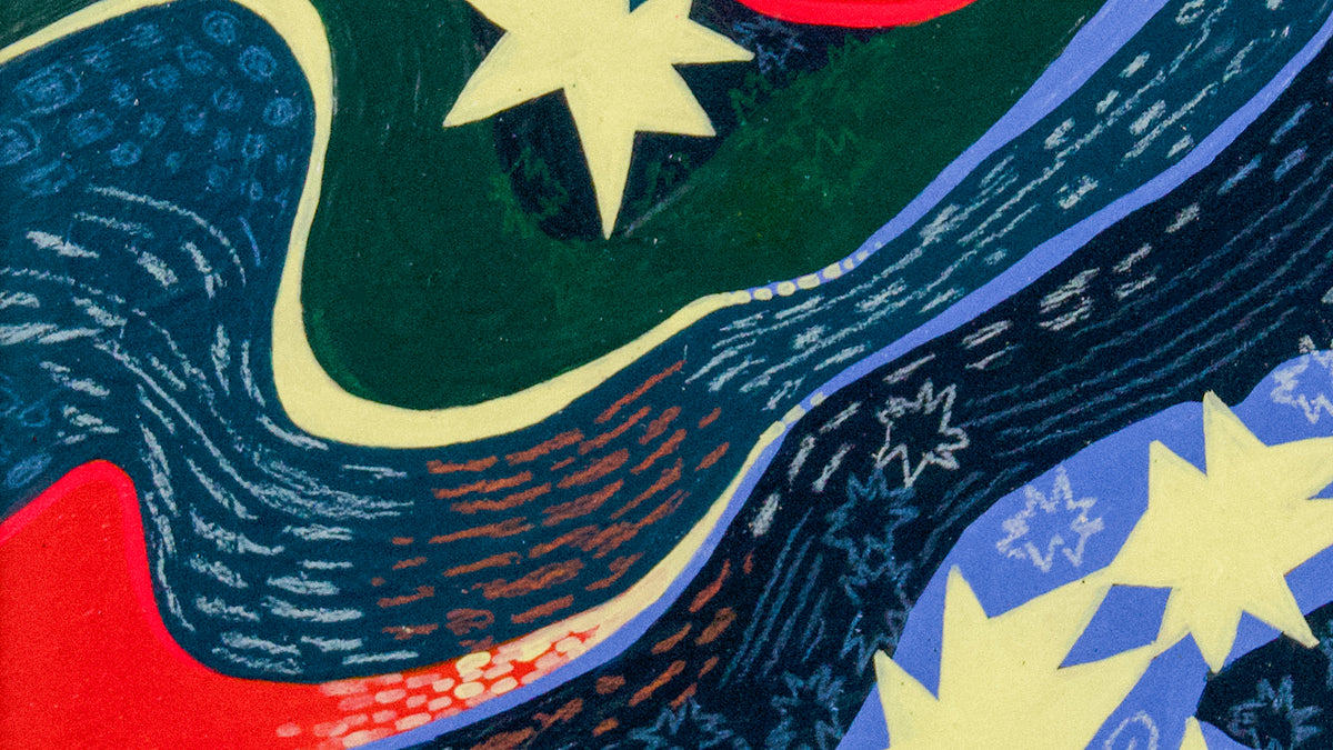 Detail of Eclipse by Sydney Noland: yellow stars over a winding blue and green river in enamel and colored pencil