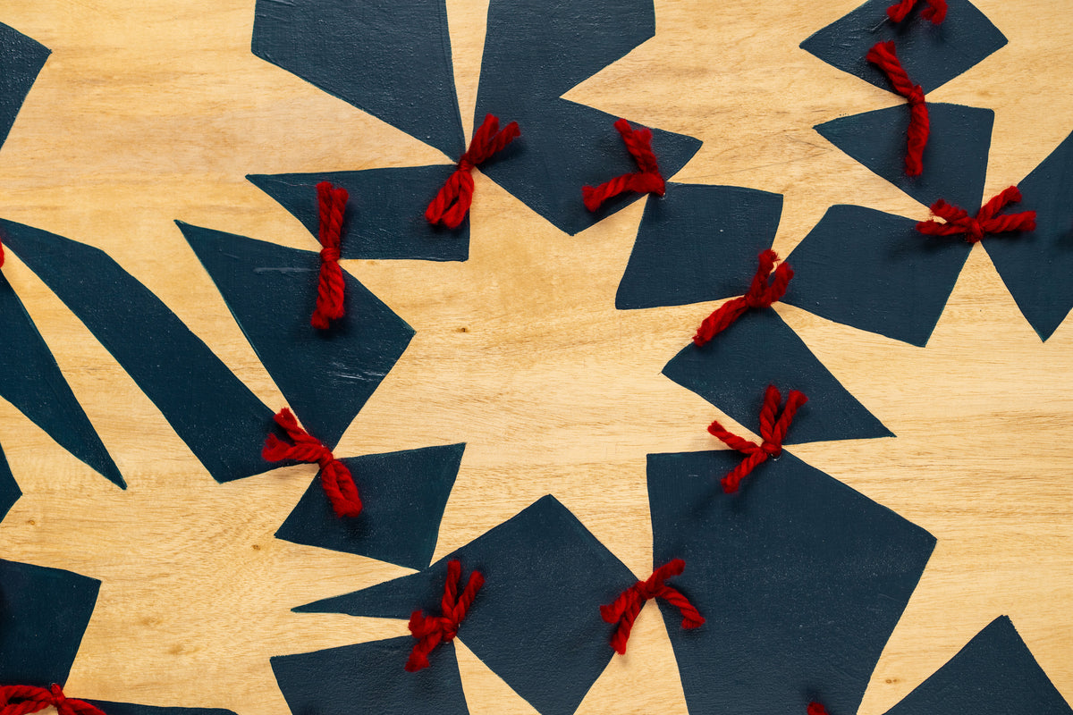 Detail of Quilt by Sydney Noland: red yarn knots tying deep blue shapes around natural wood star forms