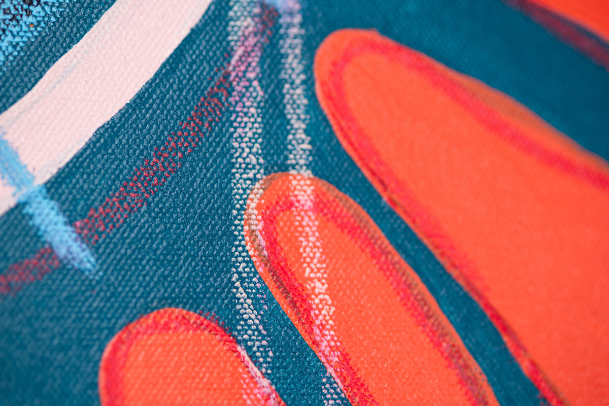 Detail of Untitled (Flowers) by Sydney Noland: close-up of red-orange petals and oil pastel lines on teal canvas