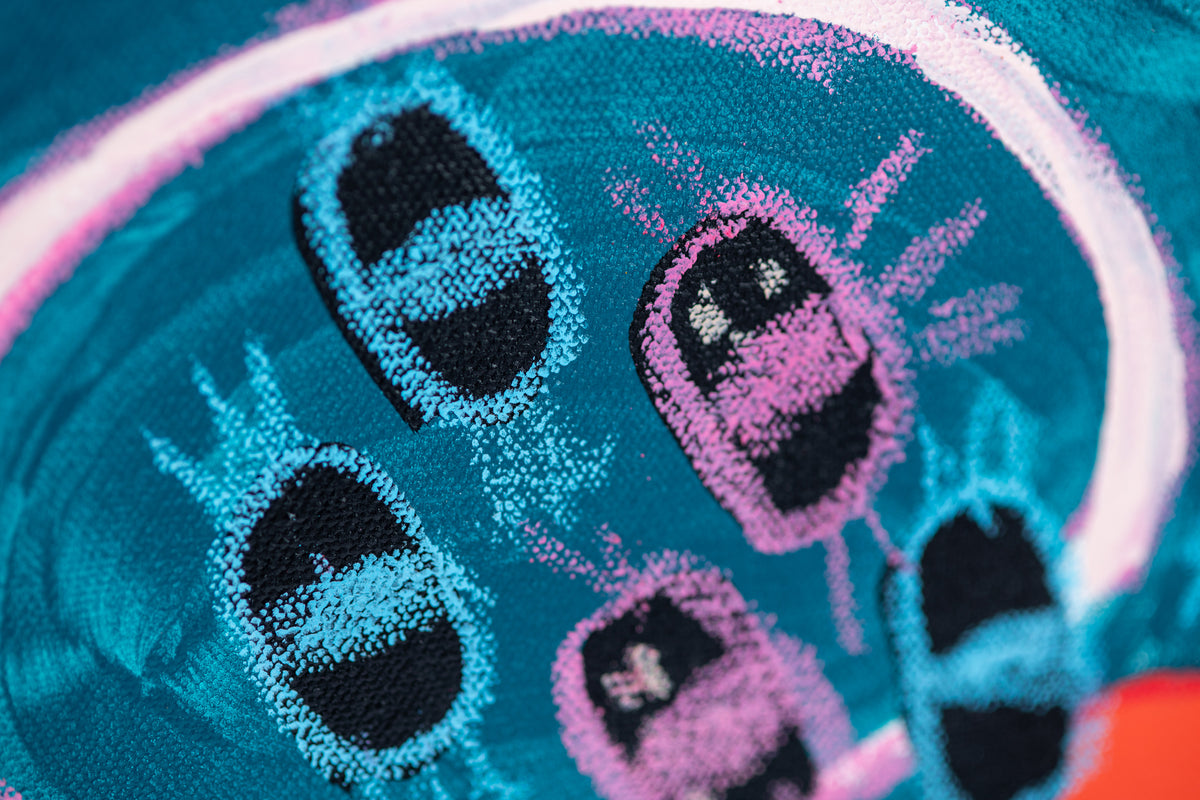 Detail of Untitled (Flowers) by Sydney Noland: oil pastel flower centers in blue and pink on teal