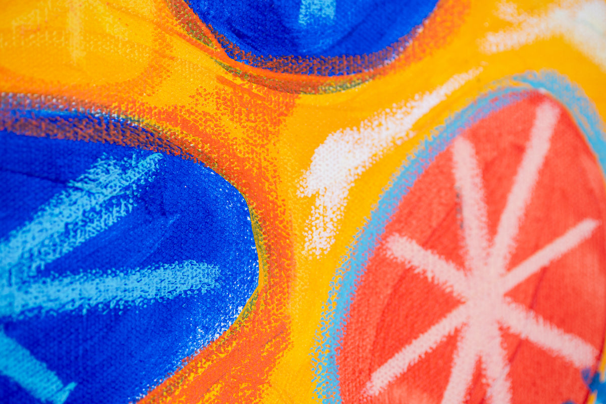 Detail of Untitled (Stars) by Sydney Noland: close-up of oil pastel texture on a red-orange circle and blue ovals