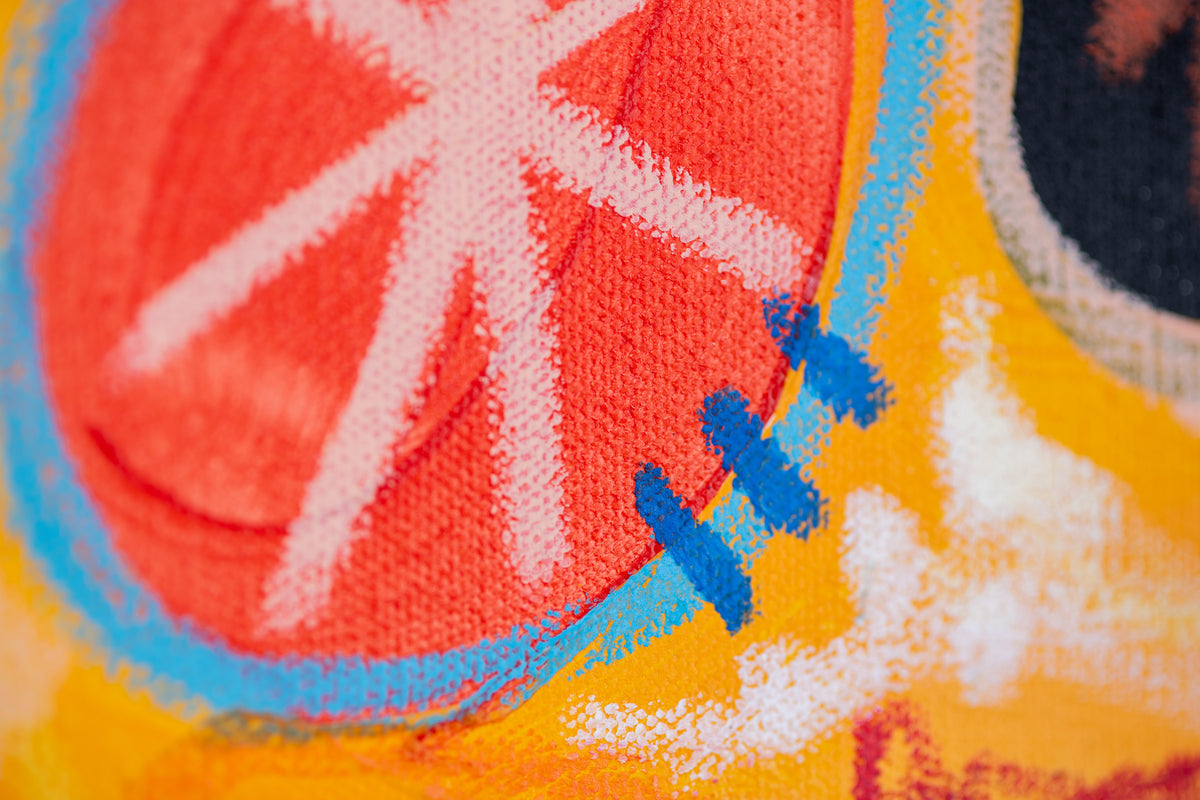 Detail of Untitled (Stars) by Sydney Noland: a red-orange circle with pink star lines, outlined in light blue with blue stitch marks