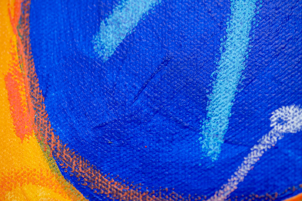 Detail of Untitled (Stars) by Sydney Noland: extreme close-up of yellow, orange, and blue oil pastel texture on canvas
