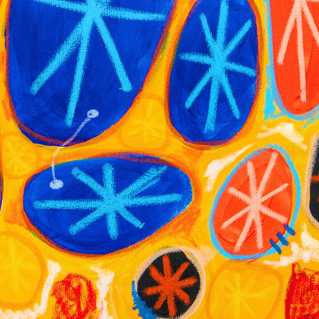 Detail of Untitled (Stars) by Sydney Noland: blue ovals with light blue star lines beside an orange circle on yellow